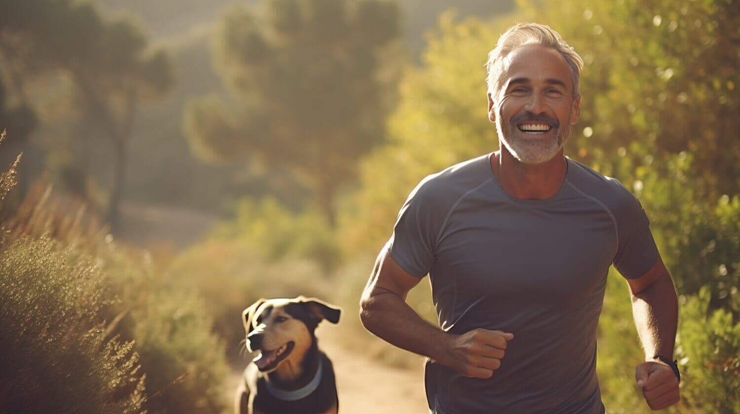 Smiling man running with his dog